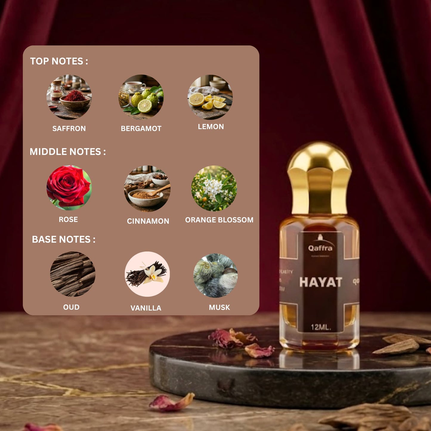 Hayat Attar by Qaffra – Long Lasting | Oud Rose Saffron Perfume Oil |  Crafted In Kannauj